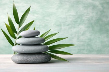 Obraz premium Grey stones balanced atop each other, supported by a green leafed branch. Peaceful zen scene on a light colored surface