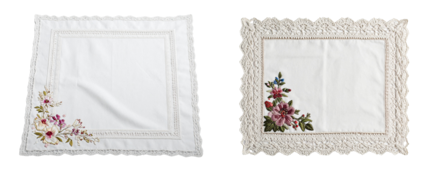  Vintage Lace Handkerchief with Floral Embroidery, Isolated on White Background PNG