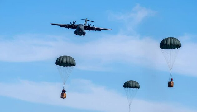 Un avi&oacute;n de carga militar lanza ayuda humanitaria desde el cielo. La ayuda cae sobre pal&eacute;s con paraca&iacute;das de color gris militar.
