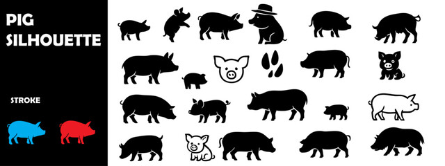 Pig Silhouettes in Various Poses – Farm Animal Vector Set for Agriculture and Design Use