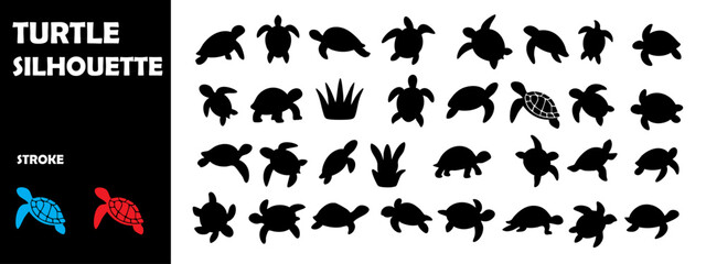 Turtle Silhouettes in Multiple Poses – Aquatic and Land Turtle Vector Icon Set