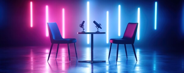 Neon-lit podcast setup
