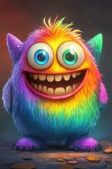 Obraz premium Cheerful Rainbow Monster Portrait Illustration with Big Eyes and a Huge Grin Digital Art