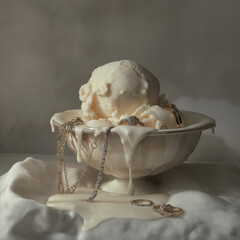 Melting Ice Cream in Crumpled Popcorn Box with Pearl Necklace and Ash – Conceptual Still Life
