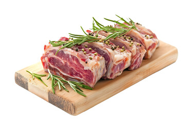 Fototapeta premium raw meat roll stuffed with herbs and spices on wooden board isolated png transparent cutout