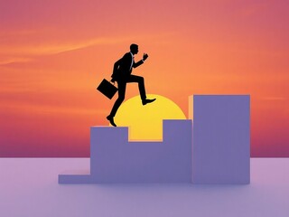 Businessman Climbing Stairs Toward the Sun at Sunset
