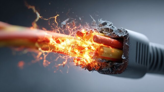 Office safety hazard concept highlighting electrical fire spark and cable overload risks