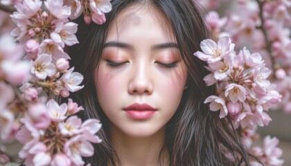 Naklejka premium Serene woman surrounded by blooming pink flowers.