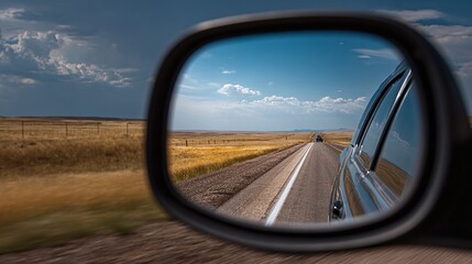 Truck's side mirror reflecting endless road ahead, symbolizing freedom