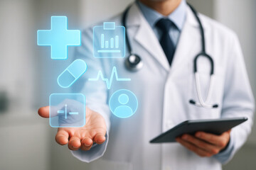 A doctor in a white coat holding a tablet, interacting with digital medical icons representing healthcare technology and digital health solutions.