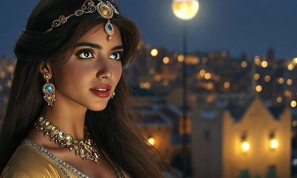 Beautiful indian woman in traditional jewelry illuminated by moonlight with city lights behind. Concept of cultural beauty and mystery