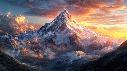 Majestic snow-capped mountain peak at sunset
