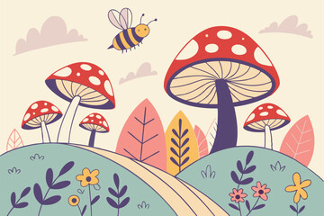 132 whimsical, vibrant, colorful, abstract, mushrooms, bees, geometric shapes, layered, textured, surreal landscape, digital art, vibrant colors, fantasy, dreamlike, imaginative