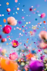 Fototapeta premium Colorful Celebration with Flowers and Confetti Against Blue Sky Low Angle Shot Happy Celebration