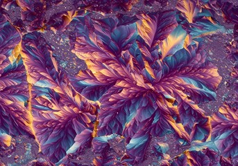 Macro photograph of abstract purple, pink, and blue crystal formations resembling alien landscapes, with intricate details and textures under a microscope.
