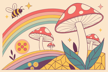 132 whimsical, vibrant, colorful, abstract, mushrooms, bees, geometric shapes, layered, textured, surreal landscape, digital art, vibrant colors, fantasy, dreamlike, imaginative