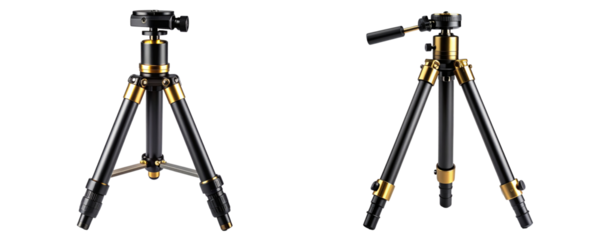 Black and Gold Camera Tripod with Ball Head, Isolated on Transparent Background PNG