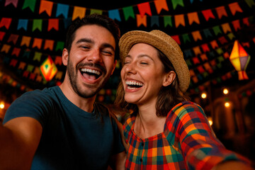 Happy couple taking a selfie at a nighttime June festival celebration