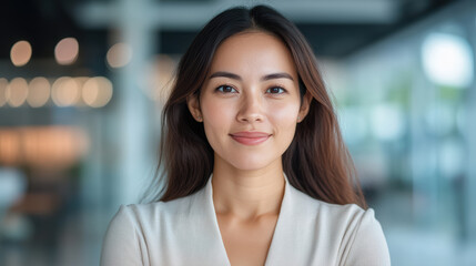 Fototapeta premium Confident businesswoman smiling modern office environment, showcasing professionalism and warmth