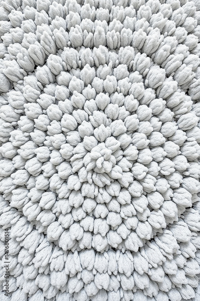Poster close up of a circular pattern made of small, soft, white tufts arranged in concentric circles, crea