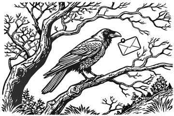 133 black and white illustration,detailed lineart, realistic detailed bird carrying envelope, detailed tree branches, nature scene, monochrome, intricate, detailed, digital art