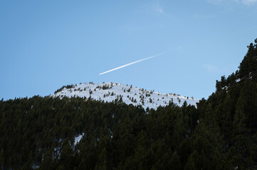 Steil of an airplane in the sky on the slope of a snowy mountain full of trees.