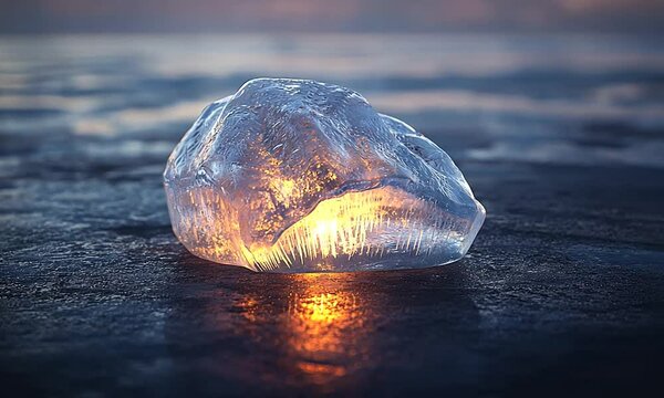 Glowing Ice Rock on a Serene Surface at Dusk, Reflecting Soft Light and Calm Waters