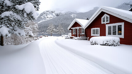 Naklejka premium Cozy red wooden house covered in snow, surrounded by winter landscape