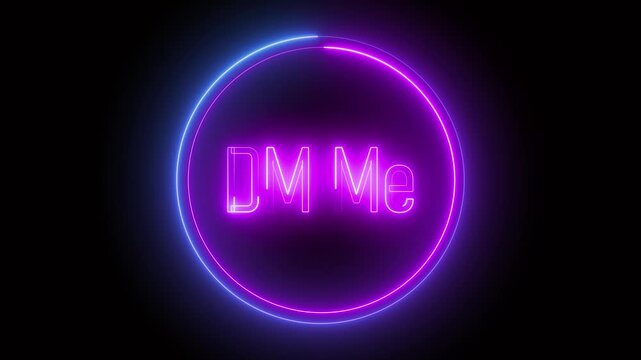 Glowing neon "DM me" text on black backdrop. Eye catching visual for personalized engagement and conversation starters.