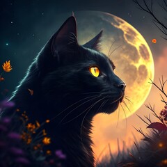 attentive cat eyes "Mystical Black Cat with Yellow Eyes Under a Full Moon: Enchanting Twilight Scene with Stars & Blooming Flowers"Cut  environmen
