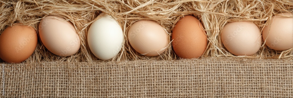 Aufkleber Organic Eggs Arranged on a Straw Mat With Clear Space to the Left for Possible Placement or Display in a Natural Setting