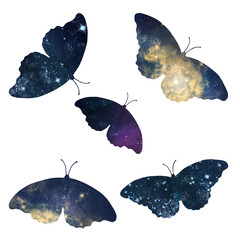 Silhouettes of butterflies and moths, with the starry sky and the lights of galaxy on their wings. Watercolor illustration. Space and stars similar to the Milky Way are isolated on a white background © Elena
