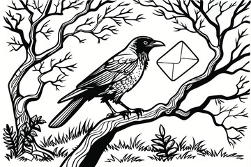 133 black and white illustration,detailed lineart, realistic detailed bird carrying envelope, detailed tree branches, nature scene, monochrome, intricate, detailed, digital art