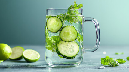 Refreshing cucumber mint drink with lime slices in clear glass. Perfect for hydration