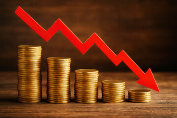 Stacks of gold coins decrease in height alongside a descending red arrow on a wooden surface, symbolizing financial decline or loss.