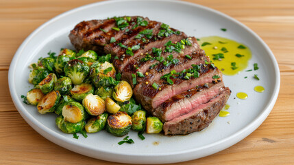 Grilled steak with Brussels sprouts and olive oil, showcasing delicious meal