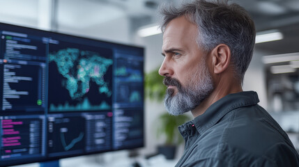 High tech office with man analyzing data digital display, showcasing advanced technology