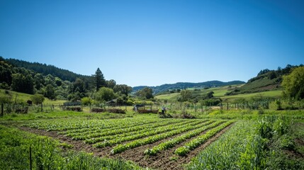 Lush green fields under a clear blue sky.