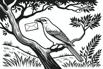 133 black and white illustration,detailed lineart, realistic detailed bird carrying envelope, detailed tree branches, nature scene, monochrome, intricate, detailed, digital art