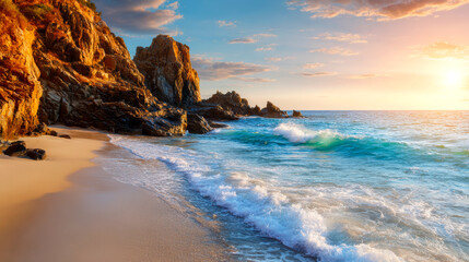 Serene seascape with crystal clear waves crashing on a white beach at sunset. Rocky cliffs on the sides. Harmony in nature