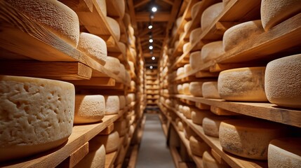 cheese on shelves in the cellar, cheese production	
