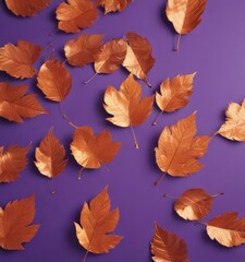 Obraz premium Dry orange metallic leaves, violet backdrop Geometric autumnal design , color, background
