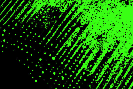 Abstract green and black grunge vector background. Dynamic design with distressed diagonal lines, halftone dots, and splatter textures, creating an energetic and edgy modern effect.