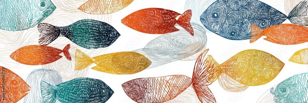 Poster vibrant abstract fish pattern on white background inviting creativity and design inspiration