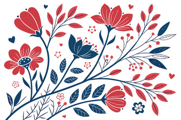 134 floral pattern, hearts, red flowers, blue flowers, botanical, abstract, colorful, dynamic layout, intricate, detailed