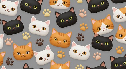 Obraz premium Cute Cartoon Cat Faces and Paws Seamless Pattern