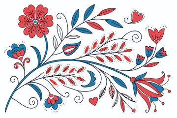 134 floral pattern, hearts, red flowers, blue flowers, botanical, abstract, colorful, dynamic layout, intricate, detailed