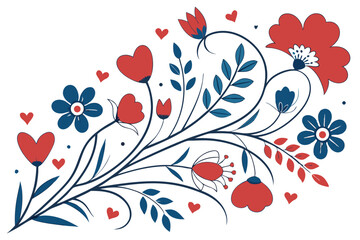 134 floral pattern, hearts, red flowers, blue flowers, botanical, abstract, colorful, dynamic layout, intricate, detailed