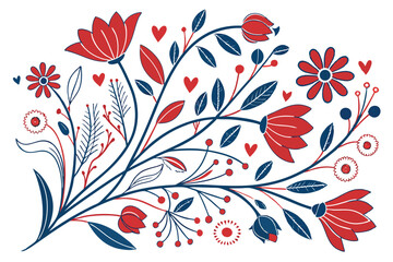 134 floral pattern, hearts, red flowers, blue flowers, botanical, abstract, colorful, dynamic layout, intricate, detailed