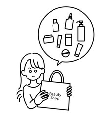 化粧品をまとめ買いする女性のイラスト　線画のみ